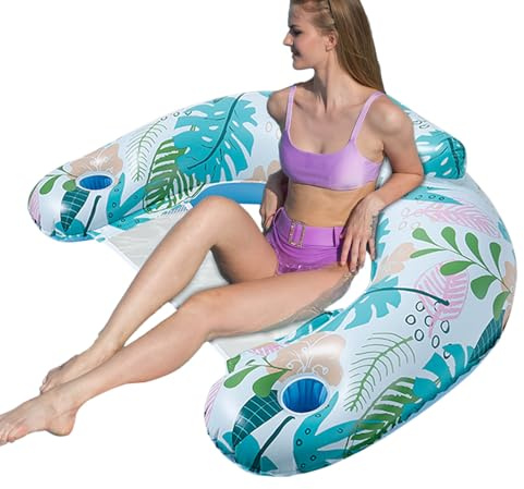 Inflatable Pool Floats Adult, Palm Leaf Inflatable Pool Chair with Cup Holder, Foldable PVC Floating Lounger, Hawaiian Style Blow up Floating Pool Floats Chair for Swimming Pool, Summer