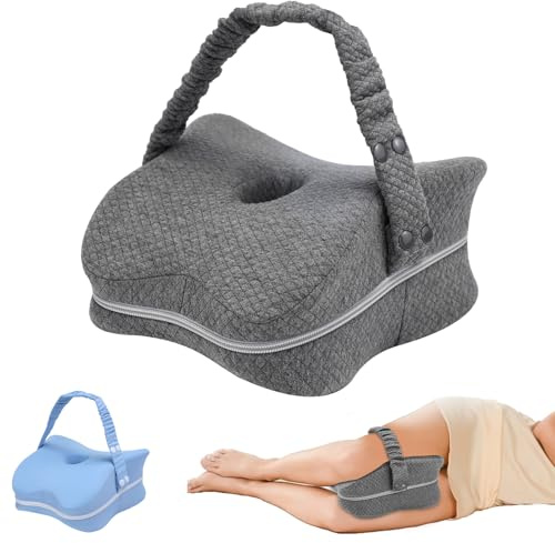 Knee Pillow for Side Sleepers & Sciatica Pain Relief, Memory Foam Leg Pillow for Side Sleeping with Detachable and Adjustable Strap, Two Covers, Blue& Grey, Gifts for Men and Women, One Pillow Only