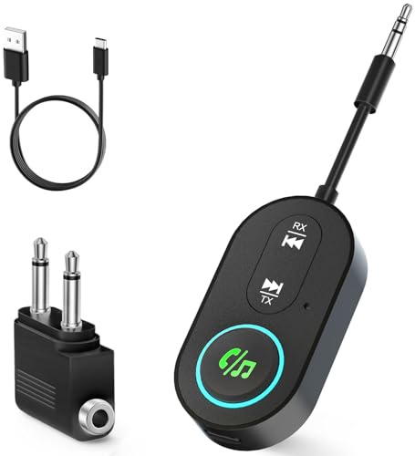 Ticenpe Bluetooth 5.3 Transmitter Receiver, Dual Connection Airplane Bluetooth Adapter, 18H Long Playtime, Mic for Calls, 2-in-1 Aux bluetooth Adapter for TV, Airplane, Headphone, Airpods, Speaker,Car