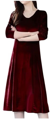 Generisch Robe d'hiver pour femmes en velours à manches longues mince taille haute midi robe de cocktail bleue pour femmes robe de fête, rouge, XL