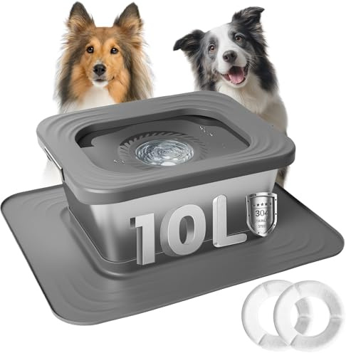 Bostar 10L Bebedero Perro Antigoteo Acero Inoxidable con Alfombrilla de Silicona XXL, Cuenco Lenta Antideslizante con Plato Flotante Sellado Integrado/Filtro de Repuesto para Perro Mediano a Grande