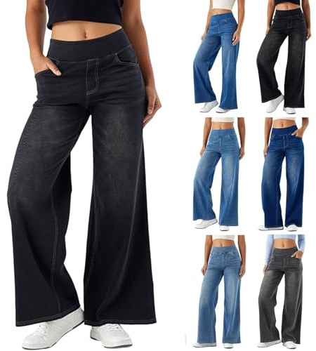 Pantalon large en denim à jambe droite pour femmes, pantalon palazzo taille haute et amincissant avec plusieurs poches, tube droit, coupe ample, rayure de chat, lavage marbré, jean décontracté à haute