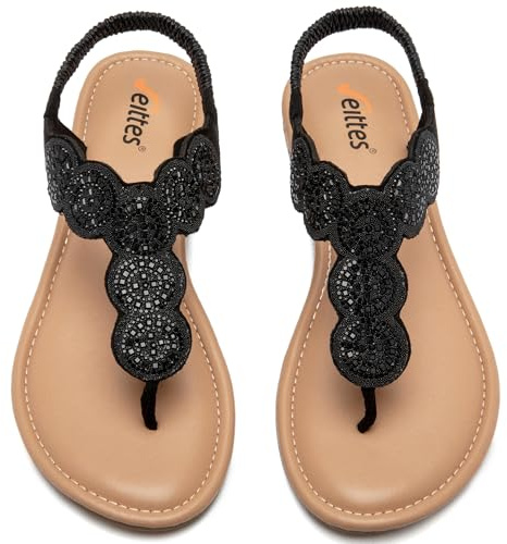 Veittes Women's Bohemian Bling Flat Slide Sandals - Casual Summer Thong Sandals with Rhinestone Decor, Rubber Sole, Lightweight & Comfortable Ankle StrapThong Summer Sandals.(7004,BK/MF,6)