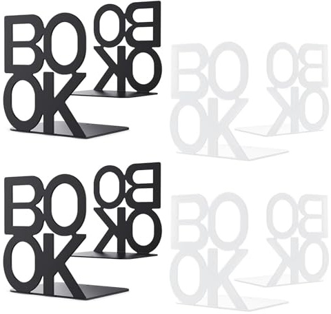 Mxdzshy 4 Paia Fermalibri per Mensole Ferma Libri in Metallo BOOK Scaffali per Scrivania Reggilibri per Mensole Antiscivolo Porta libri per Uffici Scuole Casa Librerie Biblioteche (Nero/Bianco)