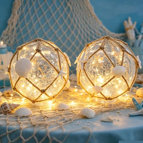 Tujoe Paquete de 2 lámparas náuticas flotantes de pesca de cristal, decoración costera de playa, estrella de mar, concha de vidrio agrietado, luz nocturna, boya náutica con luz LED para decoración de