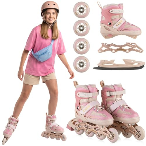 Xride 4in1 Rollschuhe Inliner für Kinder, Verstellbare Inline Skates mit Schlittschuhen, Rosa, ABEC-7 Kugellager, PU Rollen, Größenverstellbar, 31-34