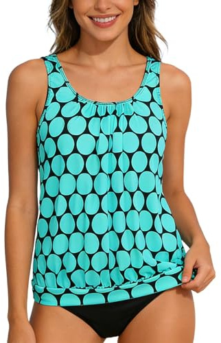 Generico Costumi Donna Mare Tankini Top Lungo Slip a Vita Alta Ferretto Stampato Floreale Verde Controllo Pancia