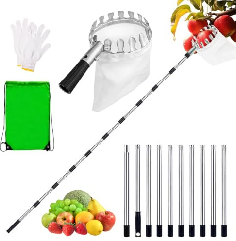 SKIKHN 4,2m Recoge Frutas Telescópico, Recolector de frutas con mango telescópico, Recoge Frutas de árboles con Bolsa de Tela, Herramientas Recolectoras Manzanas para Naranjas, Cítricos, Cereza, Mango
