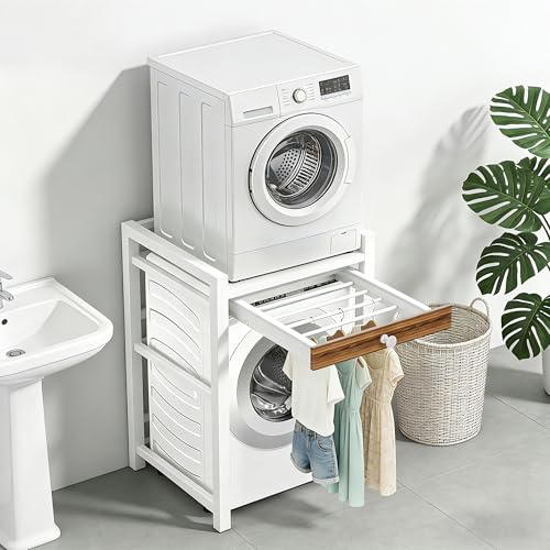 Estantería para lavadora, lavadora, secadora, armario de 3 alturas ajustables sobre lavadoras, capacidad de carga de 350 kg, armario para cuarto de baño, balcón (blanco con estante)