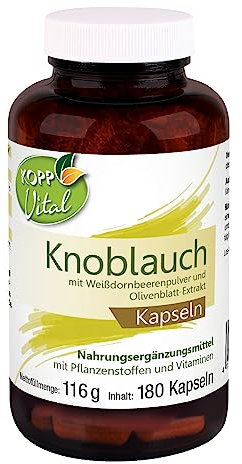 Kopp Vital Knoblauch Plus | 105 g | 180 Kapseln | Plus Weißdorn-Pulver | Olivenblatt-Extrakt | Nahrunsergänzungsmittel