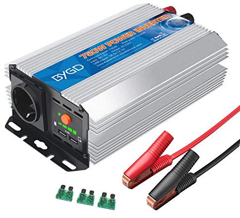 BYGD Spannungswandler 12V auf 230V 750W/1500W, Wechselrichter DC 12V auf AC 230V Inverter und 2 USB Anschlüsse.