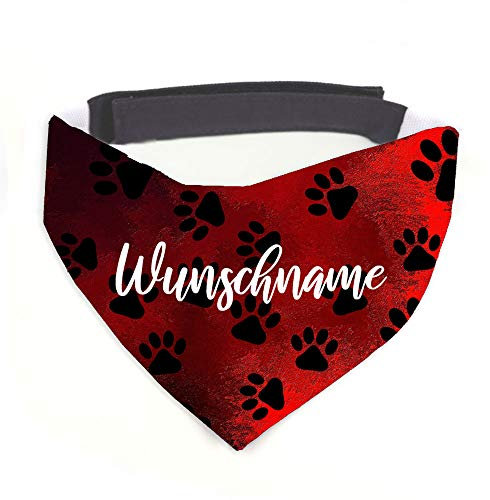 Tierisch-tolle Geschenke Hundehalstuch mit Namen Vintage Pfötchen rot personalisiert inklusive Wunschname mit 12 cm Klettverschluss für kleine, mittlere und große Hunde (L = Halsumfang: 45-60 cm)