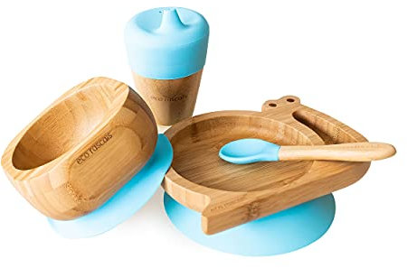 eco rascals Bamboo Gift Set - Complete Weaning Set of Snail Plate, Suction Bowl, Matching Spoon & Cup with Sippy Feeder from 6 Months, Eco Friendly Set for Babies & Toddlers (Snail Gift Set Blue)