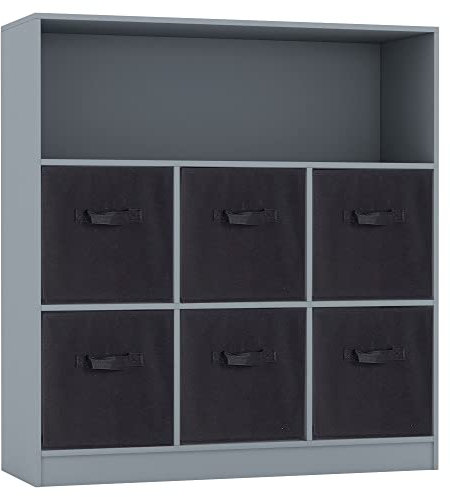 URBNLIVING Wooden Wide 7 Cubed Cupboard Bookcase Storage Units Shelves 6 Drawers Baskets (Black Drawer, Grey Bookcase)