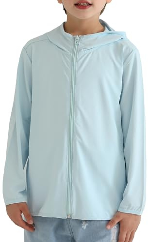 Maeau Veste à capuche UPF 50+ - Protection UV - Pour fille et garçon - Protection solaire - Stretch - Séchage rapide - Veste de sport d'été - Fermeture éclair - Pour gym, vélo, pique-nique - 3-14 ans