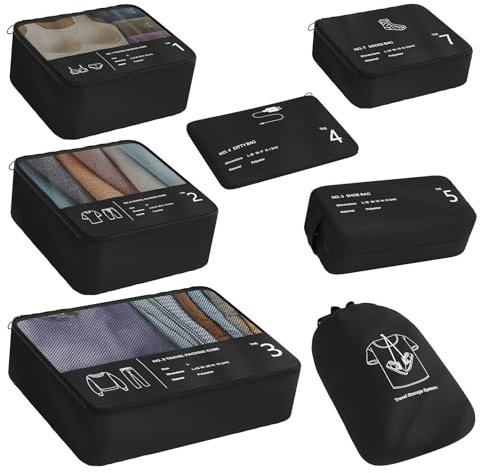Koffer Organizer, Yomisee Packing Cubes 7 Teilige Koffer Organizer Set Packwürfel Set Reise Kleidertaschen Travel Organizer Packtaschen für Koffer (Schwarz)