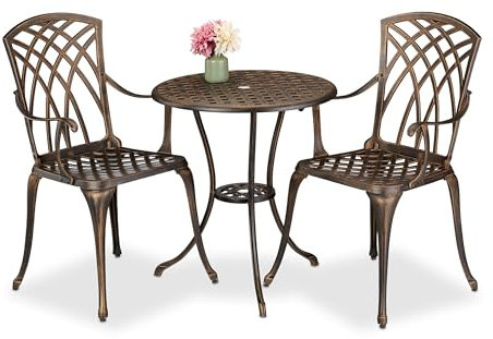 Relaxdays Gartenmöbel Set 3-teilig, Tisch, 2 Stühle, Aluguss, Balkonmöbel Antikdesign, Garten Sitzgruppe, schwarz/Bronze