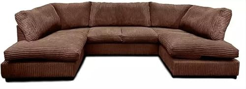 Jumbo Cord U Shaped Sofas - Washable Fabric Corner Sofa Grey - Comfortable 3 and 2 Seater Scatter Back - Large U Shape Bishop Modular Settee - Sofa Bed for Living Room Lounge (Brown, Highback)