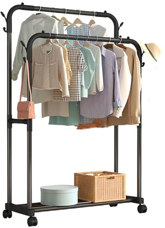 HYZCXPL Doppelstangen kleiderständer Auf Rollen, Einfache Montage Ausziehbare Kleiderstange Ohne Bohren, Clothes Hanger Stand für Waschküche und Wohnzimmer