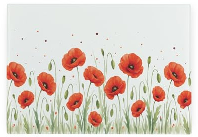 Summer Poppies Rectangular Small Glass Worktop Saver - Smooth Kitchen Chopping/Cutting Board Worktop Protector with Non-Slip Feet 28.5cm x 20cm (11 x 8)