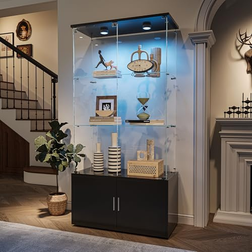 TIMORWTF - vitrina de cristal con luces LED y base de casillero, vitrina moderna con 3 estantes y 2 puertas, vitrina de pared para colección, para dormitorio, sala de estar, negro
