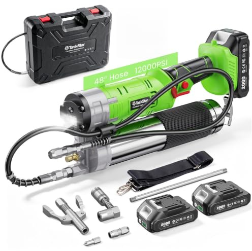 TaskStar 12000 PSI Engrasadora Batería: Kit de engrasadora 2 en 1 con 2 baterías, Manguera de 122 cm, acoplador de liberación rápida, Adaptador de 90°, luz LED, Ideal para Uso Industrial y agrícola