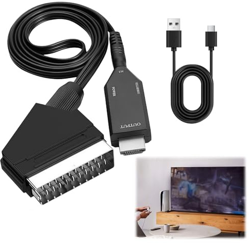 Scart to HDMI Converter Scart to HDMI Adapter for TV All-in-One Video Audio | Scart Input to HDMI Output Lead with USB Cable Supports HD 720/1080P for HDTV Monitor Projector VHS Xbox PS3 DVD Player