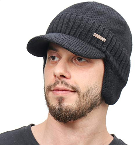 CAMOLAND 30% Wool Winter Beanie w/Visor & Earflaps for Men Outdoor Fleece Hat