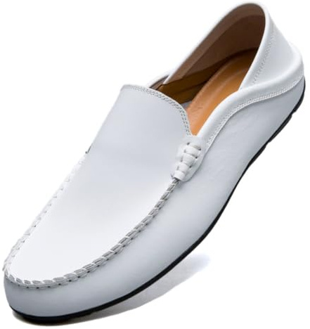 Unitysow Mocasines Hombres Zapatos de Vestir Casuales Holgazanes Slip On Verano Plano Cuero Zapatos de Conducción Zapatillas Blanco 42EU