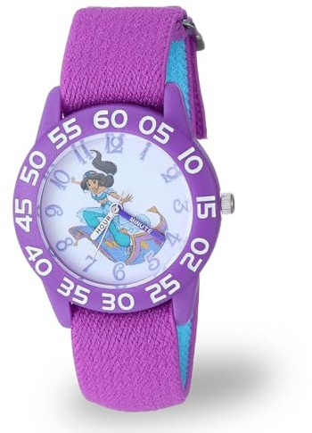 Disney Princess Kids' Plastic Time Teacher Analog Quartz Nylon Strap Watch, Jasmine/Purple
