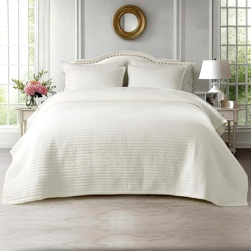 Oversized King Quilt Set 112x106 – Soft Washed 3 - Layer Lightweight California King Bedspread, Minimalist Nordic Design, All-Season Spring & Summer Quilt Set (1 Quilt + 2 Pillow Shams), Cream White