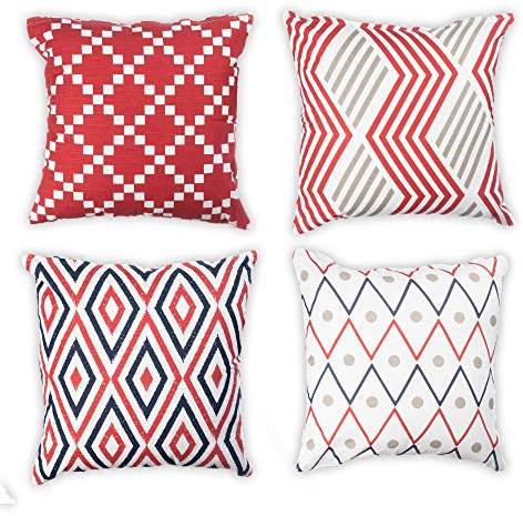 Penguin Home Set of 4 100% Slub Cotton Fabric Cushion Covers 45cm x 45cm Double Sided Square Pillow Covers with Invisible Zipper Pillow Cases for Living Room, Bedroom, Sofa (Red/Grey/Yellow)