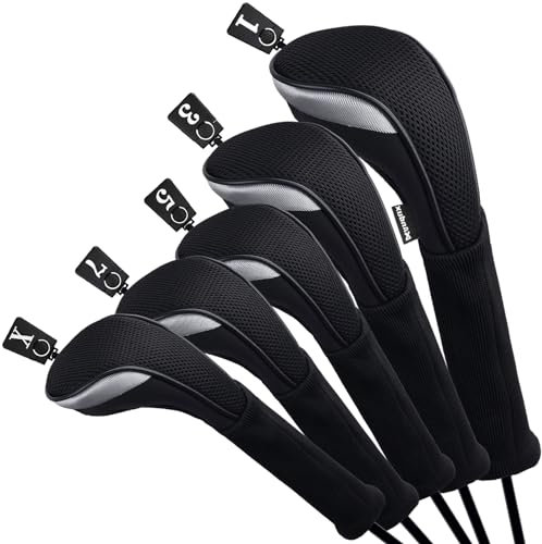 Andux Schlägerhauben für Golfschläger 460cc Driver Fairway-Holz, extra langer Hals, Schwarz, 5 Stück