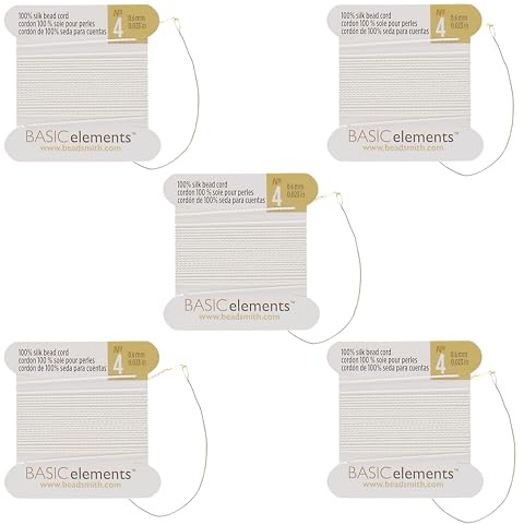 The Beadsmith Cordon en Soie Pure – Couleur Blanche, Taille 4, Cinq Cartes par Paquet, Aiguille attachée à Chaque Carte