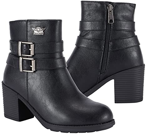 Dream Apparel Women's Chunky Heel Faux Leather Ankle Boots Booties with Side Zipper, Waterproof Black PU Leather Double Buckle Strap Ankle Shoes, Round Toe Mid Heel Short Boots, 9