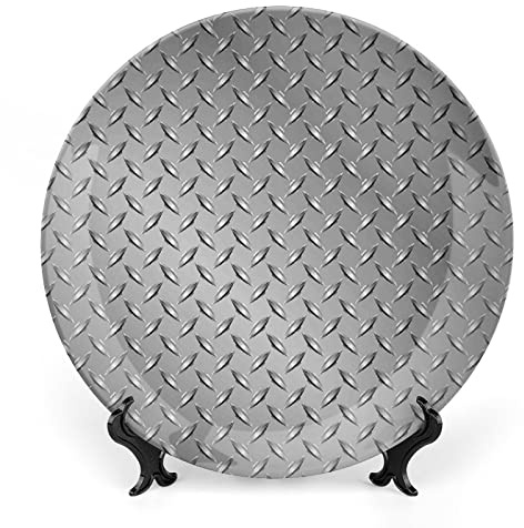 XISUNYA 8 Inch Decorative Plate, Grey Ceramic Craft, Wire Fence Design Diamond Plate Effects Print Ceramic Display Plate for Decorative Ornaments Giving Plates, 1 Plate with 1 Display Stand