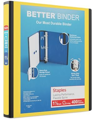Staples Better Binder, 1.5 Inch D-Ring, Yellow, 400 Sheets, 3-Pack