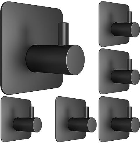 Honmein 6 Pcs Adhesive Wall Hooks for Hanging - Waterproof Shower Hooks, Heavy Duty Towel Hooks for Bathrooms, Kitchens, and Offices (Black)