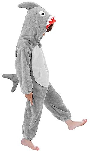 LOLANTA Kids Shark Costume Halloween Animal Dress‑up Outfit One-Piece Hooded Flannel Costume Shark World Book Day Fancy Dress for Kids 1-7 Years