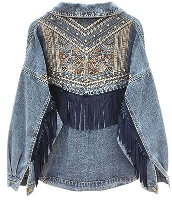 Giubbino Donna Con Nappe Boho, Ricami Floreali, Jeans In Pelle Scamosciata Con Frange, Top Su Misura Stretch Trucker Button, Cappotto Cardigan Giacca Cor