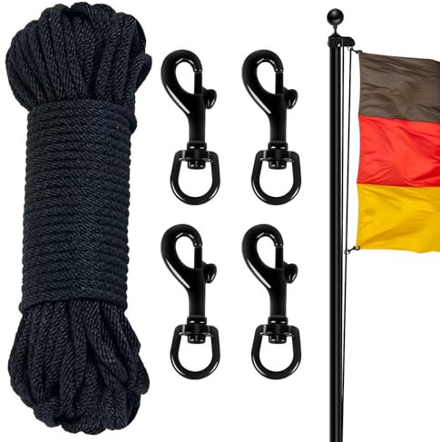 NQ 15M Fahnenmast Seil Wetterfest mit 4 Karabinerhaken, Nylon Flaggenseil für Haus Außenbereich, Fahnenmast Zubehör mit 4 Haken Flag Rope (Schwarz)