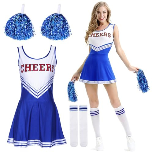 DAZZTIME Disfraz de Animadora Mujer Adulta,Disfraz de Animadora para Mujer Talla-M,Uniforme de Cheerleader,con Pompones y Calcetines,Carnaval para Halloween y Fiestas de Disfraces