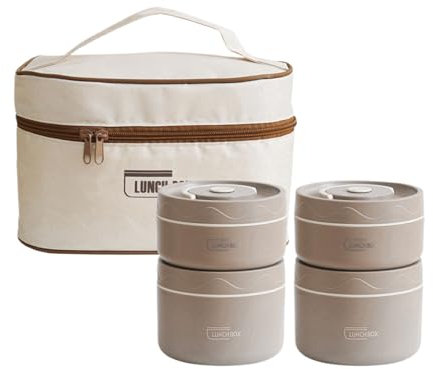 SUIOPPYUW Doppelschichtige Lunchbox aus Edelstahl mit robuster Isolierung und abnehmbarem Innenfutter. Doppelschichtige tragbare Lunchbox, dunkler Kaffee, 4 Stück + Beutel