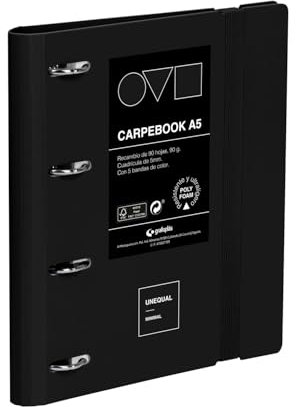 Grafoplas - Ordner mit 4 Ringen A4, Polyfoam, robust und ultraleicht, Minimal Schwarz, inklusive Ersatzteil, Trennblätter und Umschlag, perfekt für die Organisation von Schulsachen