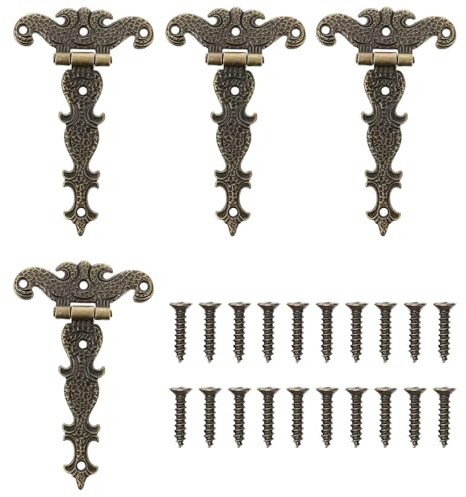 Lot de 4 charnières en T pliantes antiques en bronze - Décoratives rétro sculptées pour portes et armoires - Vintage bronze rétro charnières avec vis