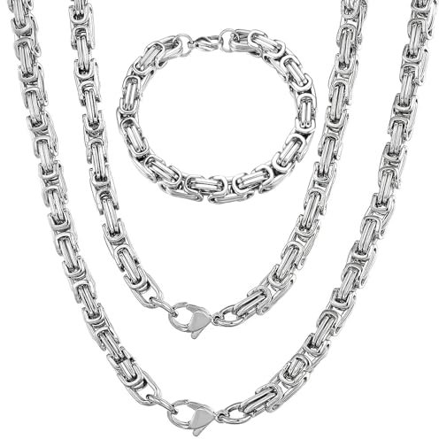 LbsAMP 3 Stück Halskette und Armband Set Herren Edelstahl Königskette Armband Silber 6mm Breite Kette Armbänder Männer Kubanische Gliederkette Punk Hip Hop Rapper Schmuck Geschenke für Jungen Freund