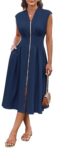 GRACE KARIN Women's Spring/Summer Dress Short Cap Sleeve V Neck Wrap Midi Dress Smocked Waist Navy Blue XL