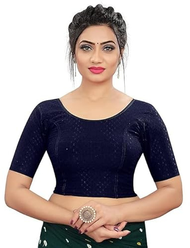 Accessorize Kingdom Round Neck Dobby Cotton Lycra Stretchable Elbow Sleeve Readymade Saree Blouse for Women Stylish (Free Size) (M & L, Navy Blue, Free Size - 30-36)