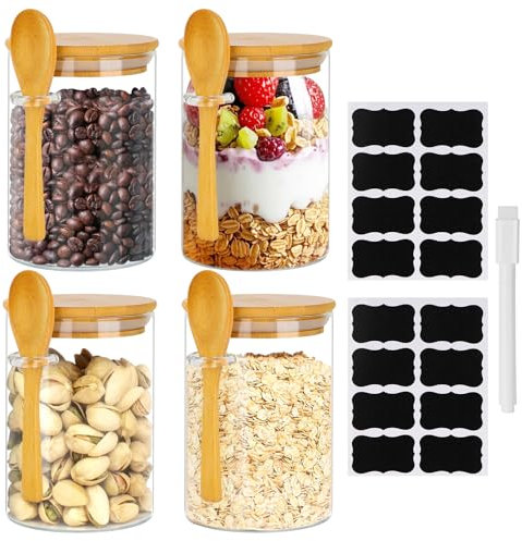 Esilihom 4 Pack Glass Jars with Airtight Lid and Spoon, Storage Jars with Bamboo Lids, 500ml/17oz Overnight Oats Container, Kitchen Food Storage Canister for Coffee, Sugar, Tea, Spice, Nuts etc