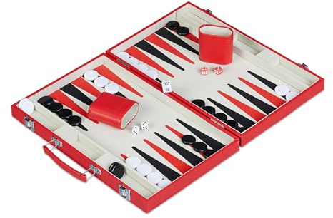 Relaxdays Backgammon da Viaggio, Tabellone da Gioco nella Custodia, HLP: 5x36,5x24 cm, Pedine e Dadi, Finta Pelle, Rosso